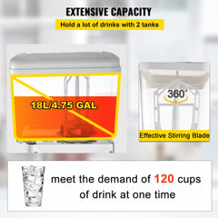 110V Commercial Beverage Dispenser,9.5 Gallon 36L 2 Tanks Juice Dispenser Commercial,18 Liter Per Tank 300W Stainless Steel Food Grade Material Ice Tea Drink Dispenser Equipped with Thermostat Controller