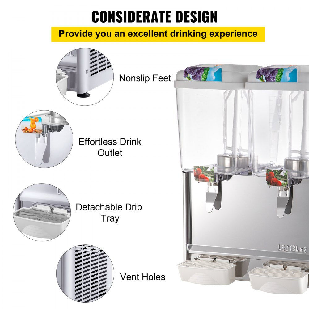 110V Commercial Beverage Dispenser,9.5 Gallon 36L 2 Tanks Juice Dispenser Commercial,18 Liter Per Tank 300W Stainless Steel Food Grade Material Ice Tea Drink Dispenser Equipped with Thermostat Controller