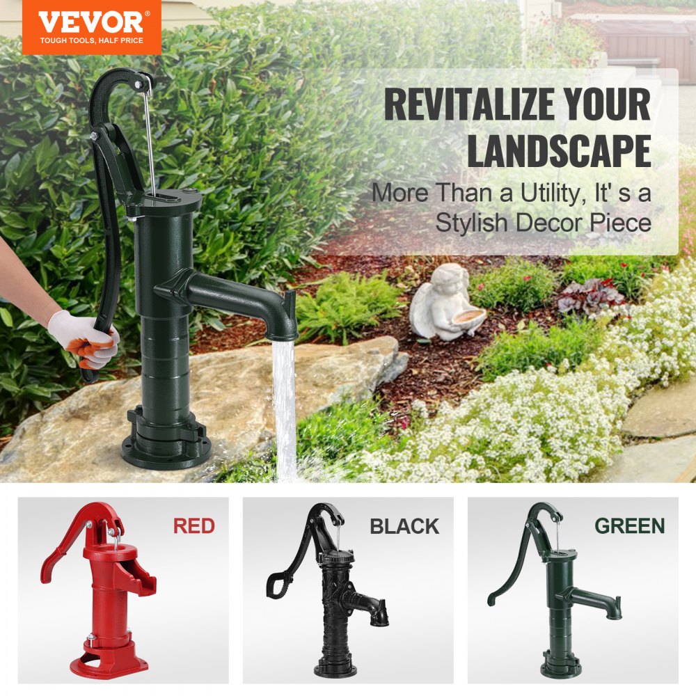 Antique Hand Water Pump 14.6 x 5.9 x 26 inch Pitcher Pump w/Handle Cast Iron Well Pump w/ Pre-set 0.5" Holes for Easy Installation Old Fashion Pitcher Hand Pump for Home Yard Ponds Garden Green