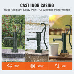 Antique Hand Water Pump 14.6 x 5.9 x 26 inch Pitcher Pump w/Handle Cast Iron Well Pump w/ Pre-set 0.5" Holes for Easy Installation Old Fashion Pitcher Hand Pump for Home Yard Ponds Garden Green