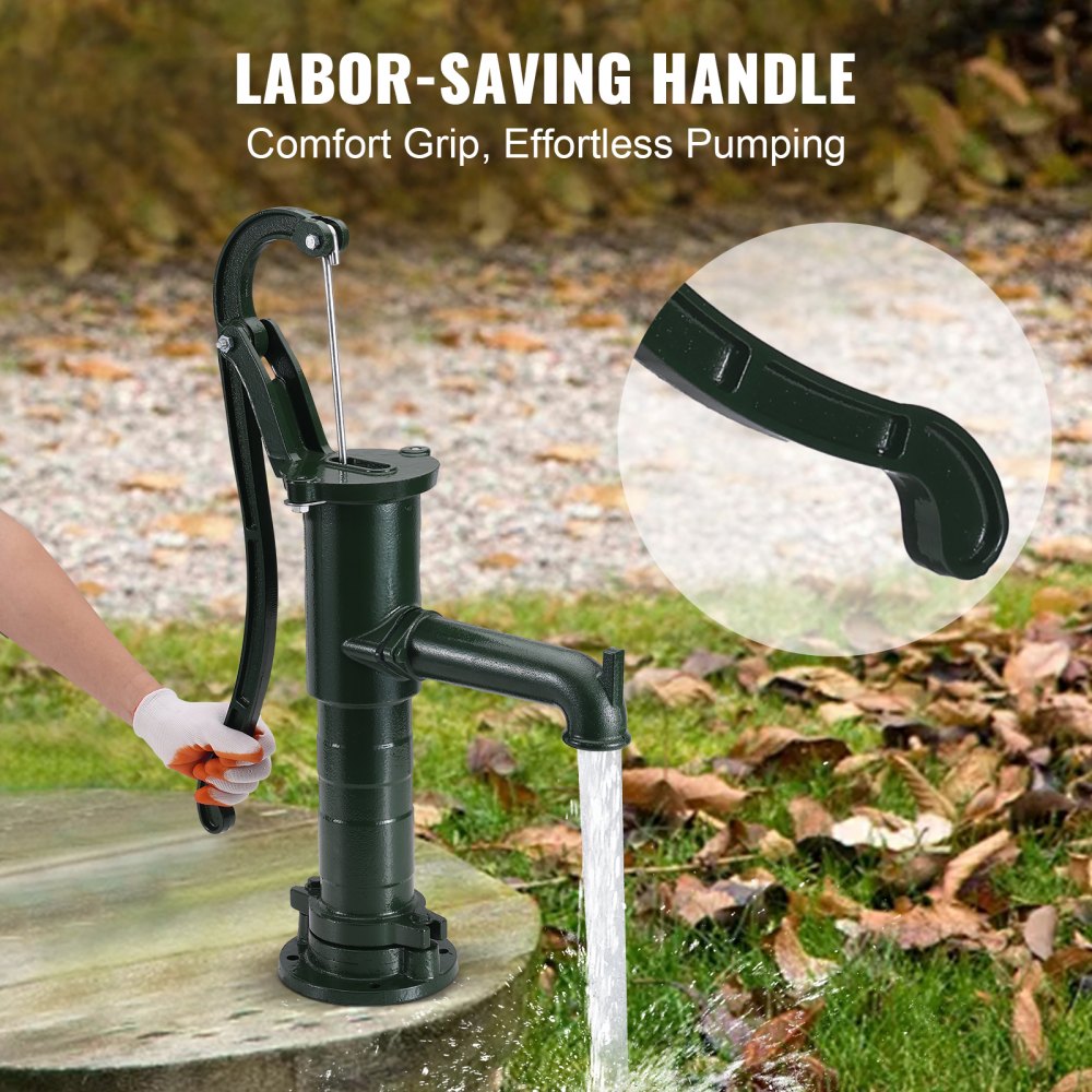 Antique Hand Water Pump 14.6 x 5.9 x 26 inch Pitcher Pump w/Handle Cast Iron Well Pump w/ Pre-set 0.5" Holes for Easy Installation Old Fashion Pitcher Hand Pump for Home Yard Ponds Garden Green