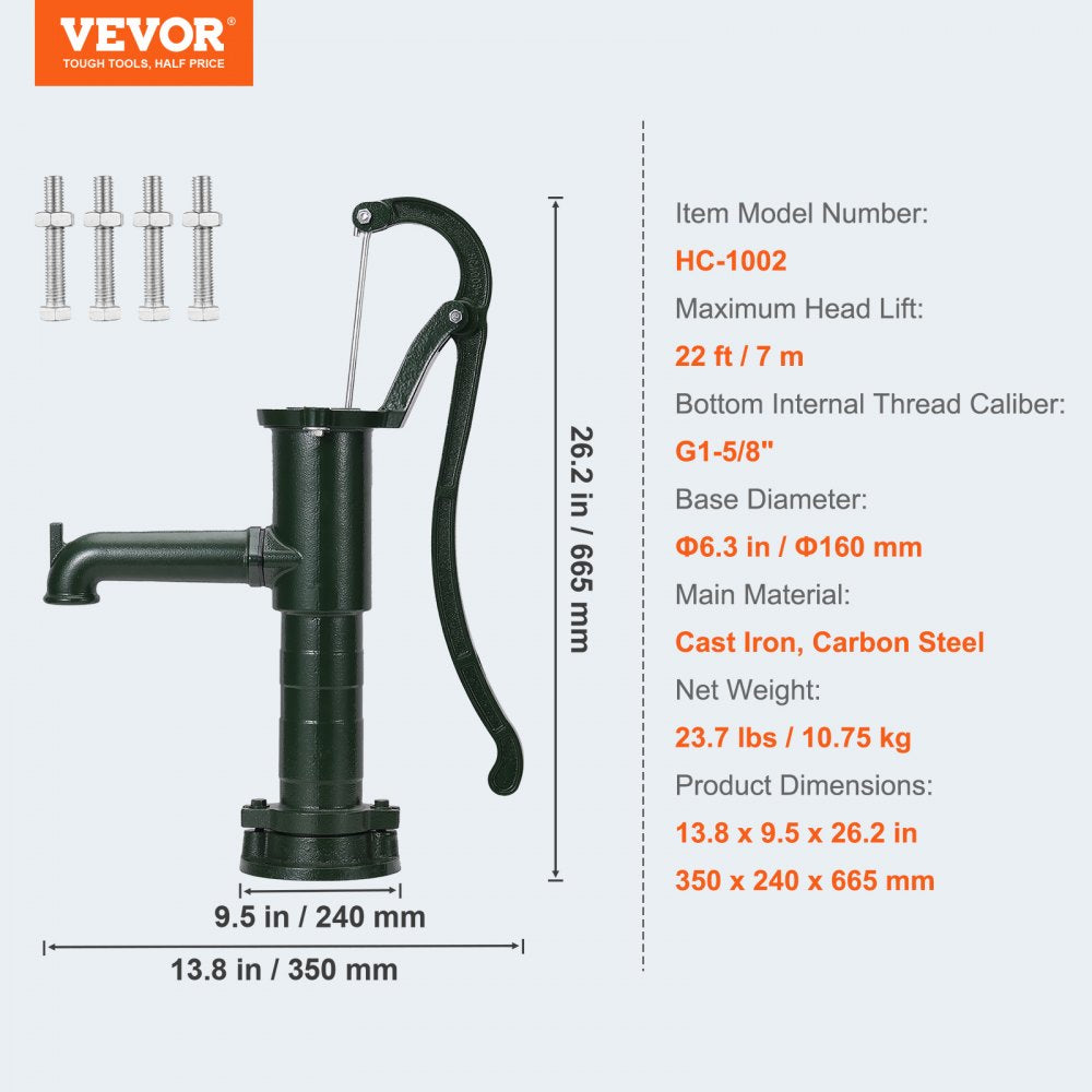 Antique Hand Water Pump 14.6 x 5.9 x 26 inch Pitcher Pump w/Handle Cast Iron Well Pump w/ Pre-set 0.5" Holes for Easy Installation Old Fashion Pitcher Hand Pump for Home Yard Ponds Garden Green