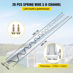 Spring Wire and Lock Channel,6.56ft Spring Lock & U-Channel Bundle for Greenhouse, 20 Packs PE Coated Spring Wire & Aluminum Alloy Channel, Plastic Poly Film or Shade Cloth Attachment w/Screws