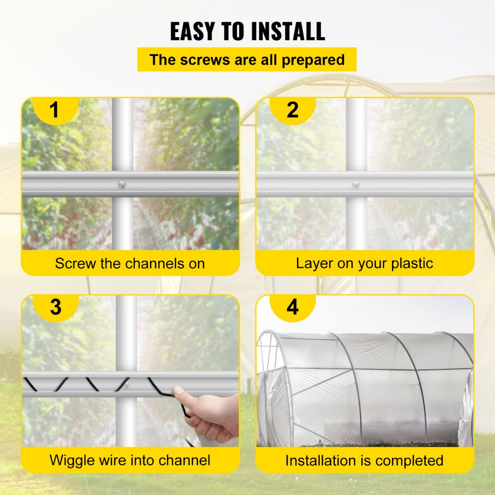 Spring Wire and Lock Channel,6.56ft Spring Lock & U-Channel Bundle for Greenhouse, 20 Packs PE Coated Spring Wire & Aluminum Alloy Channel, Plastic Poly Film or Shade Cloth Attachment w/Screws