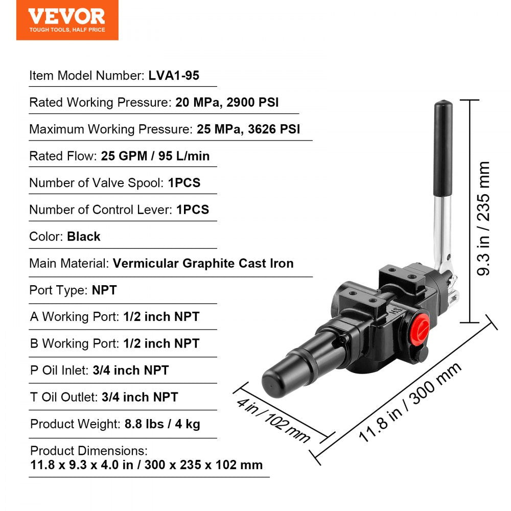Bostome hydraulic directional control valve in cast iron with 25 GPM flow rate and joystick handle.