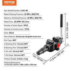 Bostome hydraulic directional control valve in cast iron with 25 GPM flow rate and joystick handle.