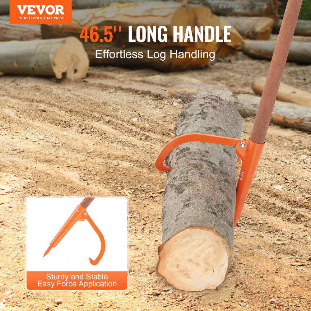 Wooden log lifter with a 46.5" handle and adjustable iron hook for 18" logs.