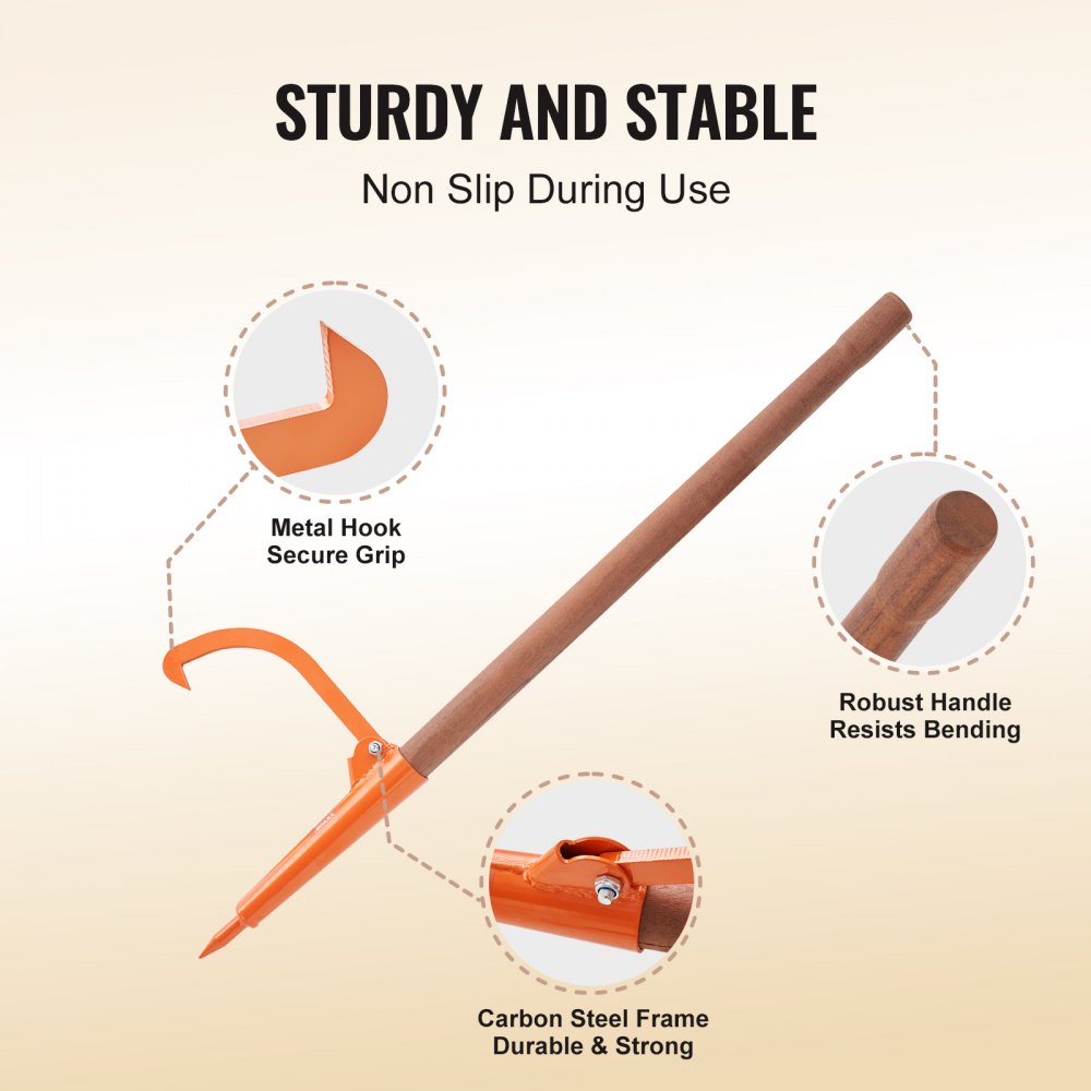 Wooden log lifter with a 46.5" handle and adjustable iron hook for 18" logs.