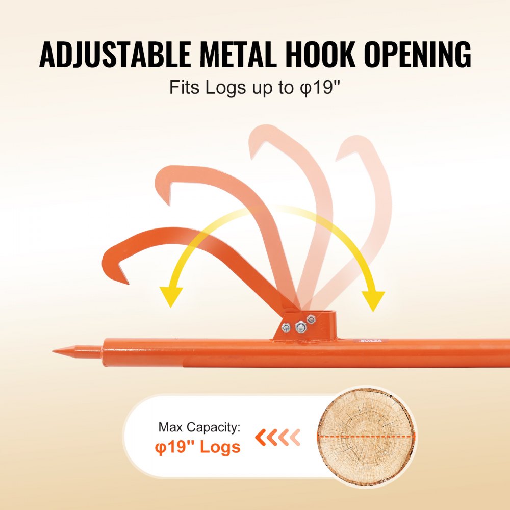 Orange Bostome log peavey with 46.5-inch carbon steel handle and adjustable metal hook opening up to 19 inches for logs.