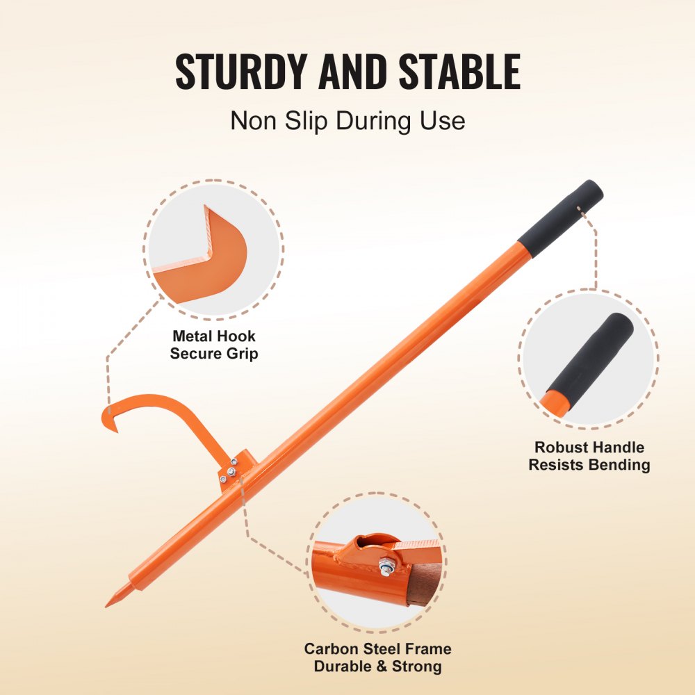 Orange 46.5-inch carbon steel log peavey with adjustable hook opening to 19 inches and rubber grip.