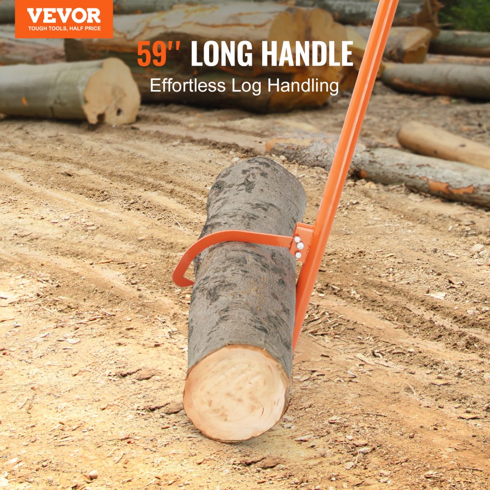 Orange steel cant hook log roller with 59-inch handle gripping a large log on dirt ground.