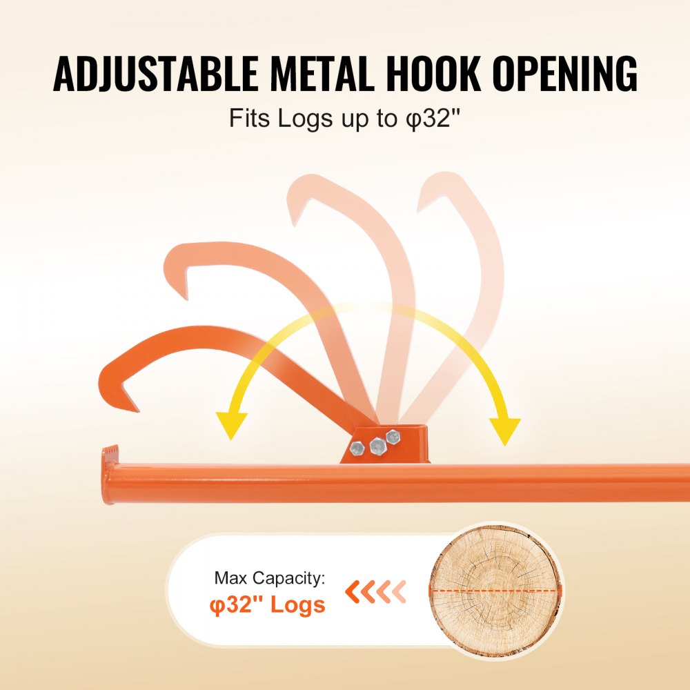Heavy duty steel cant hook log roller tool with adjustable metal hook for logs up to 32 inches diameter and 59-inch handle.