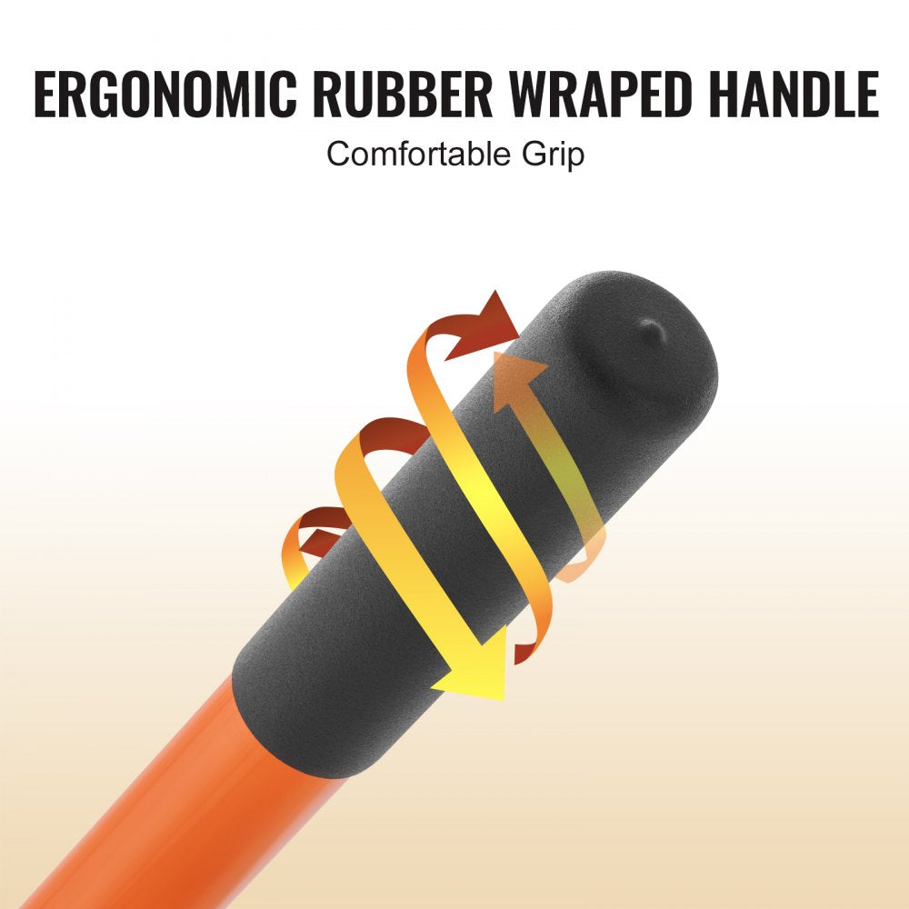 Close-up of ergonomic rubber-wrapped handle on a cant hook log roller tool with orange shaft.