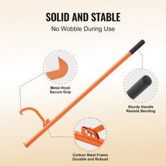 Orange 59-inch heavy-duty steel cant hook log roller with secure grip handle and metal hook.