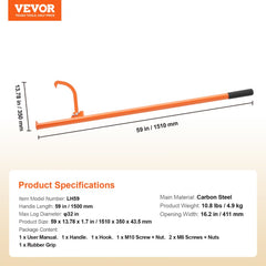 59-inch heavy-duty carbon steel cant hook log roller tool with adjustable hook and rubber grip handle.