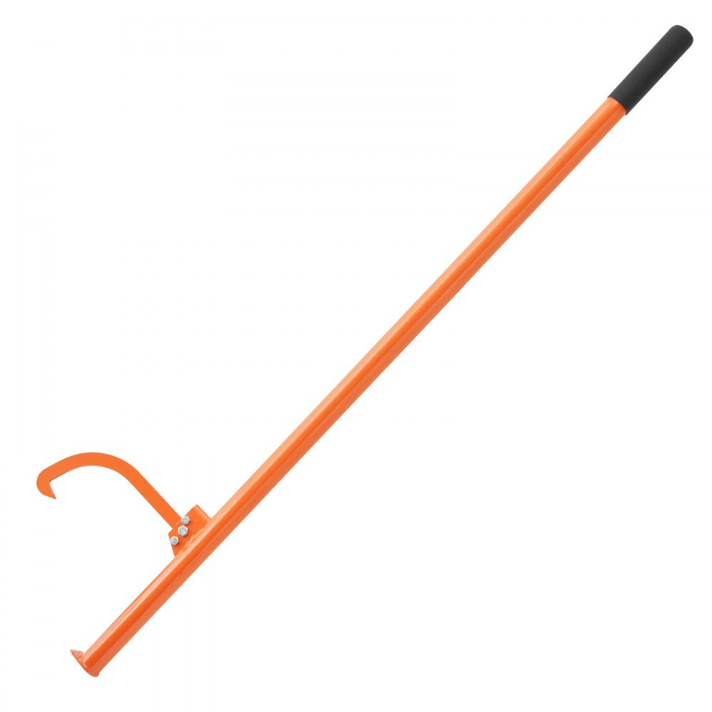 Orange steel cant hook log roller tool with 59-inch handle and black rubber grip.