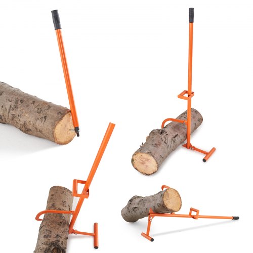 Orange carbon steel 4-in-1 log lifter multitool with 46.5-inch handle and interchangeable heads for lifting, dragging, rolling, and holding logs.