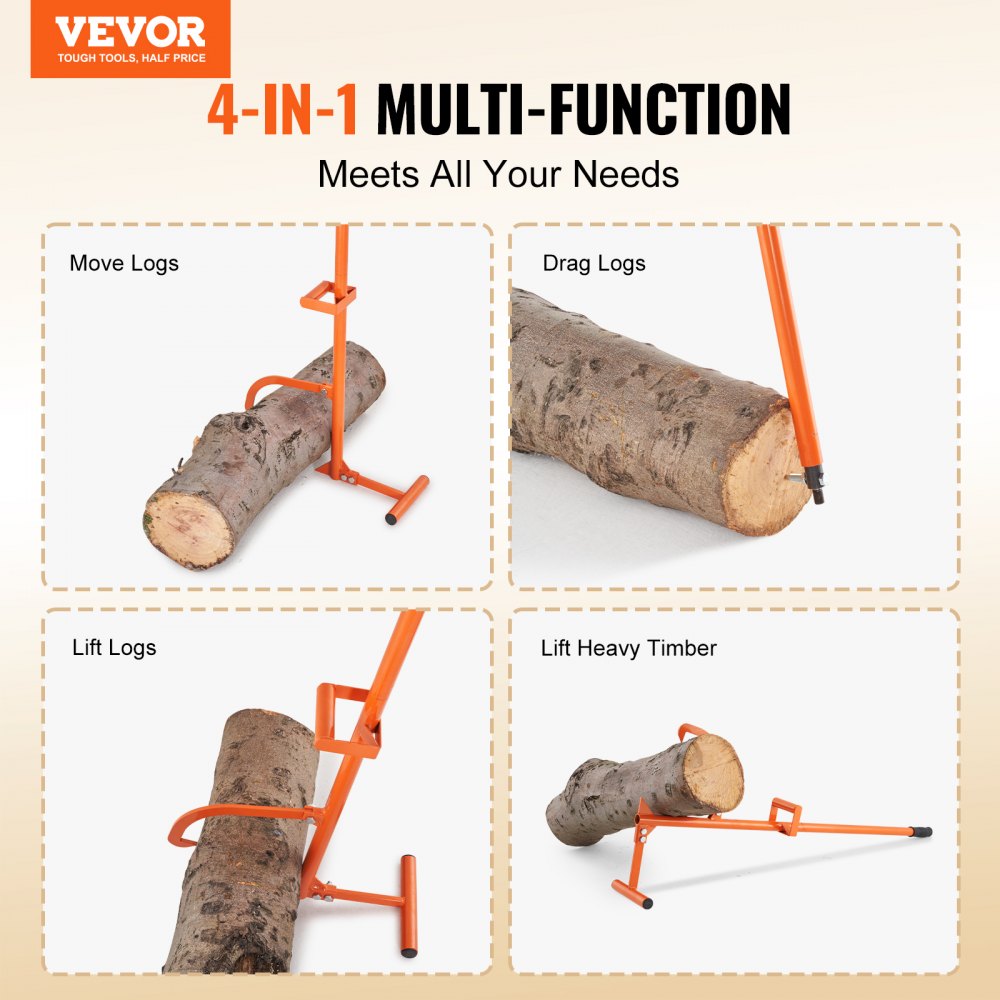 Bostome Timberjack 4-in-1 log lifter multitool made of 46.5-inch carbon steel with interchangeable heads for lifting, dragging, rolling, and holding logs.