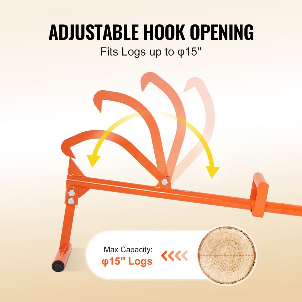 Orange carbon steel log lifter with adjustable hook opening for logs up to 15 inches.