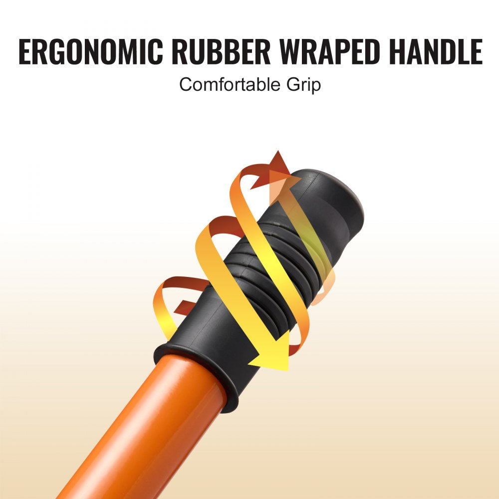 Close-up of orange carbon steel log lifter handle with ergonomic black rubber grip and yellow arrows showing rotation.