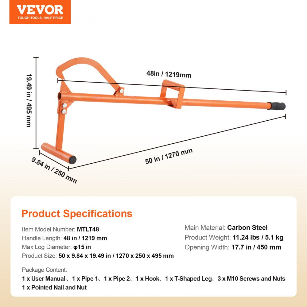 Orange carbon steel log lifter multitool with 46.5-inch handle and adjustable 17.7-inch throat.