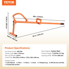 Orange carbon steel log lifter multitool with 46.5-inch handle and adjustable 17.7-inch throat.