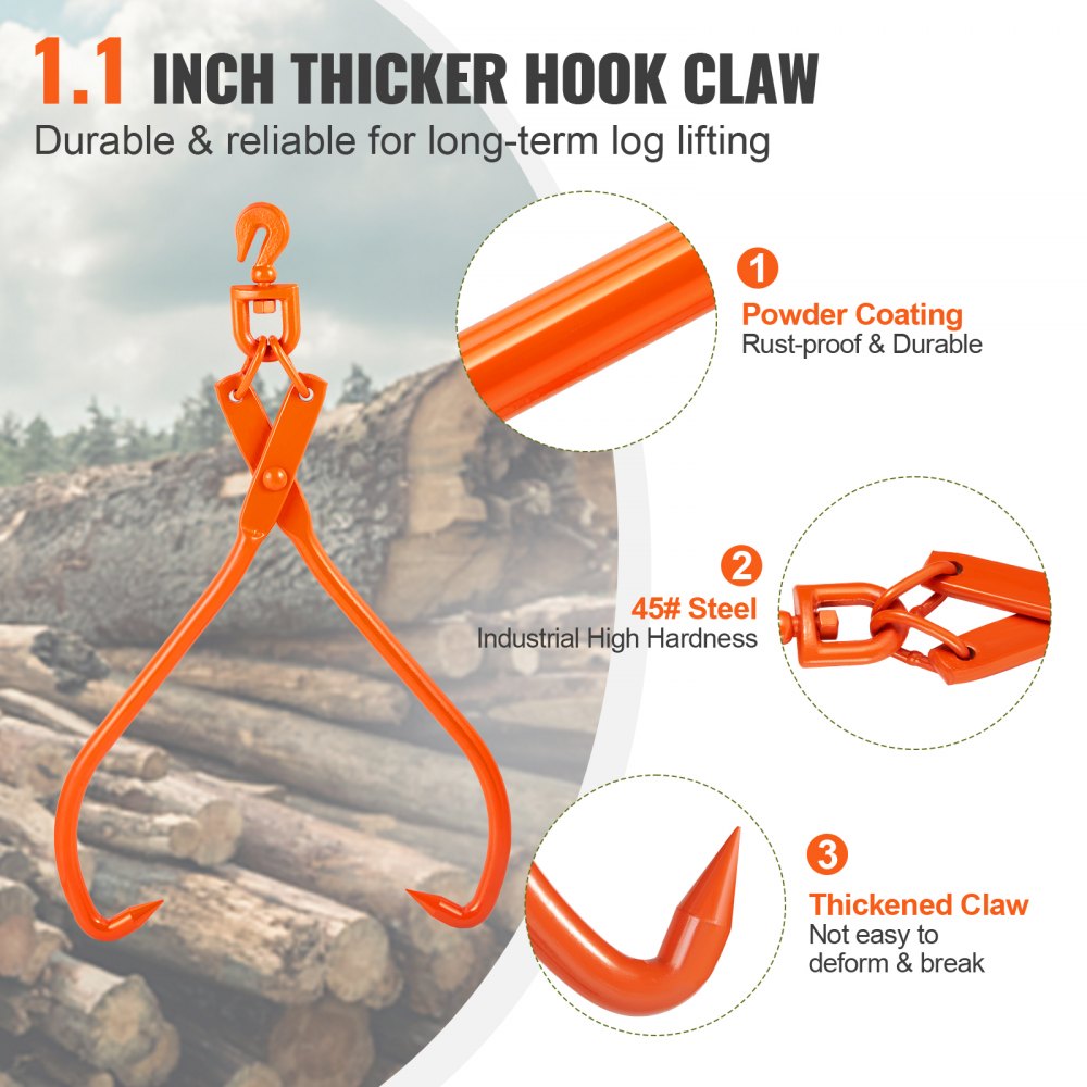 Log Skidding Tongs, 32 inch 2 Claw Log Lifting Tongs, Heavy Duty Rotating Steel Lumber Skidding Tongs, 1543 lbs/700 kg Loading Capacity, Log Lifting, Handling, Dragging & Carrying Tool