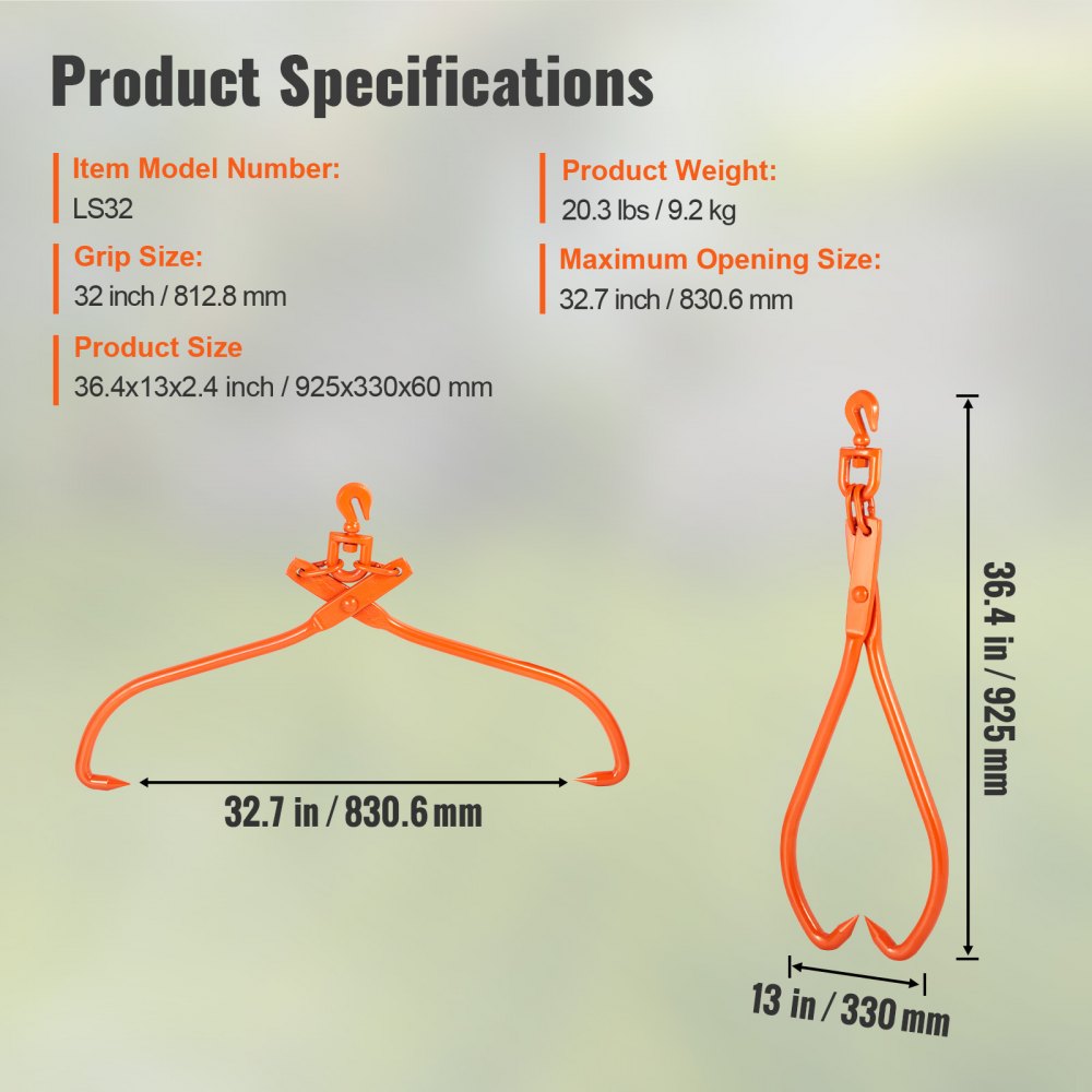 Log Skidding Tongs, 32 inch 2 Claw Log Lifting Tongs, Heavy Duty Rotating Steel Lumber Skidding Tongs, 1543 lbs/700 kg Loading Capacity, Log Lifting, Handling, Dragging & Carrying Tool