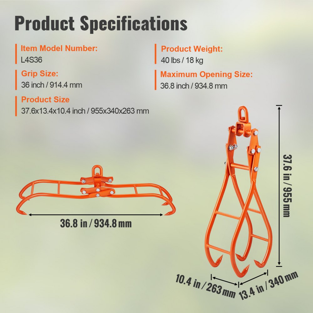 Timber Claw Hook, 36 inch 4 Claw Log Grapple for Logging Tongs, Swivel Steel Log Lifting Tongs, Eagle Claws Design with 3307 lbs/1500 kg Loading Capacity for Tractors, ATVs, Trucks, Forklifts