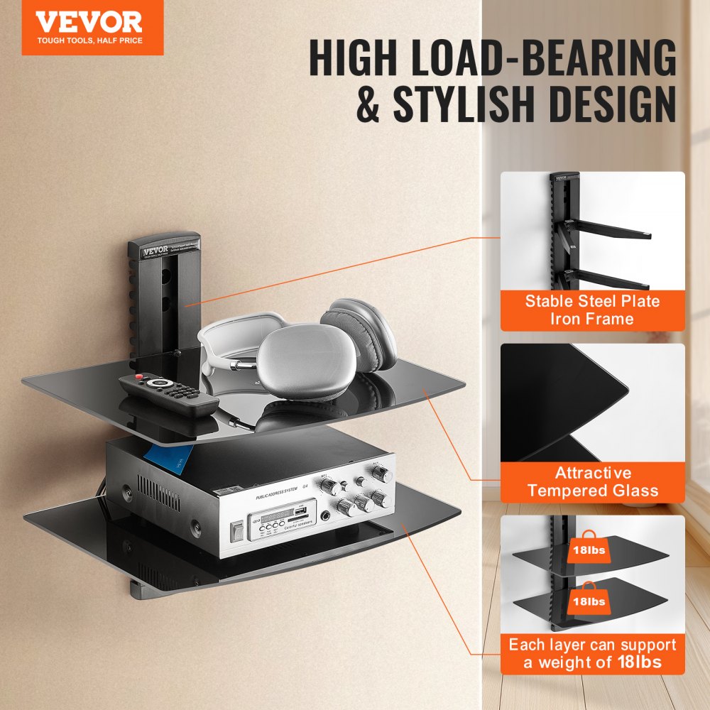 2 Tiers Wall Mounted AV Media Stand Adjustable Floating Projector Shelf, Design 2-Tier AV Media Stand Corner Shelf for Record Player Stereo Cabinet Audio Rack Tower with Height Adjustable Shelves, Living Room Storage, Corner Entertainment Center, Black