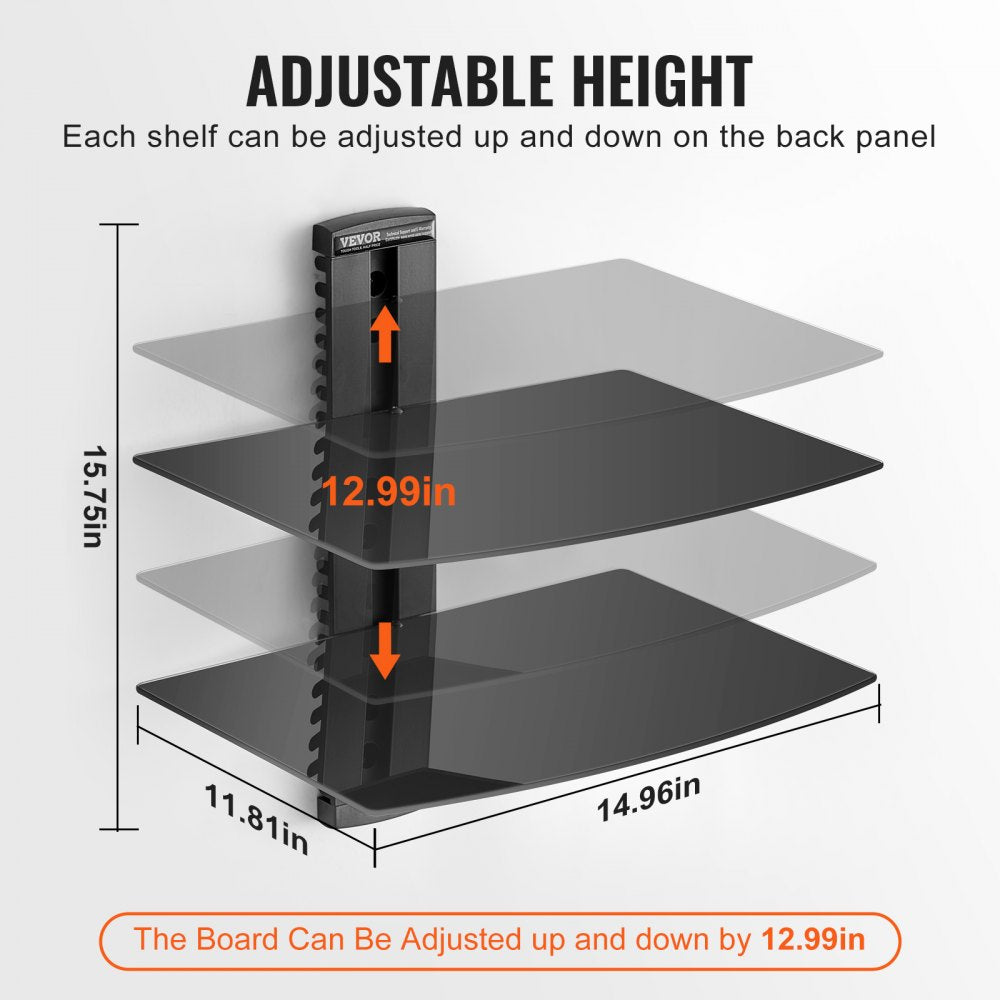 2 Tiers Wall Mounted AV Media Stand Adjustable Floating Projector Shelf, Design 2-Tier AV Media Stand Corner Shelf for Record Player Stereo Cabinet Audio Rack Tower with Height Adjustable Shelves, Living Room Storage, Corner Entertainment Center, Black