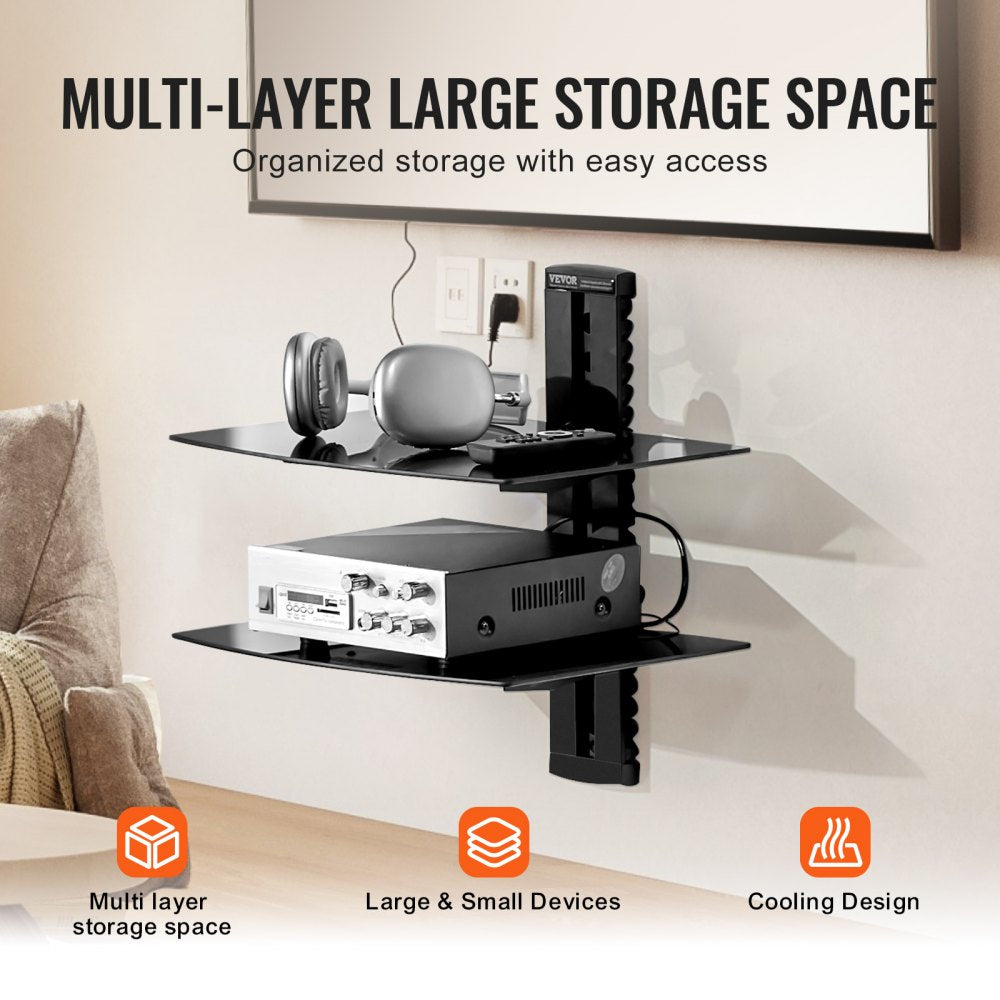 2 Tiers Wall Mounted AV Media Stand Adjustable Floating Projector Shelf, Design 2-Tier AV Media Stand Corner Shelf for Record Player Stereo Cabinet Audio Rack Tower with Height Adjustable Shelves, Living Room Storage, Corner Entertainment Center, Black