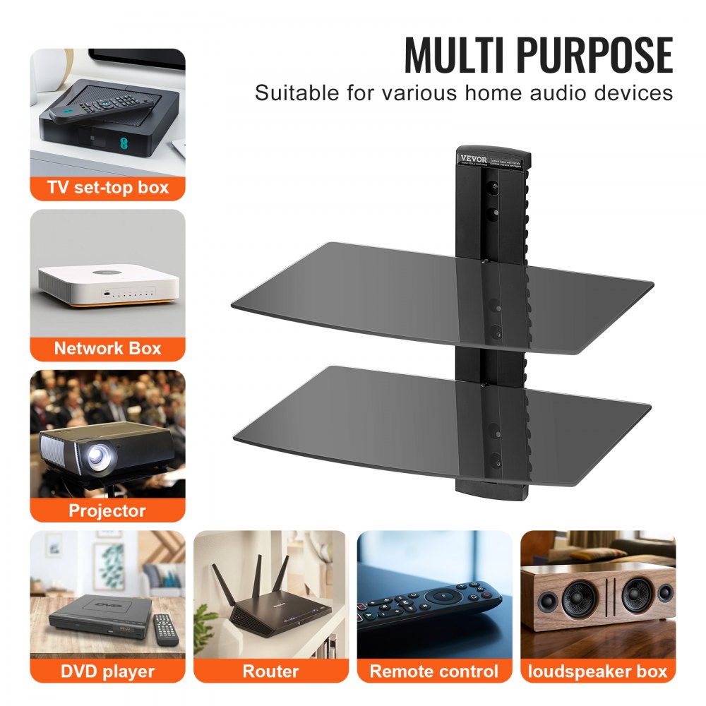 2 Tiers Wall Mounted AV Media Stand Adjustable Floating Projector Shelf, Design 2-Tier AV Media Stand Corner Shelf for Record Player Stereo Cabinet Audio Rack Tower with Height Adjustable Shelves, Living Room Storage, Corner Entertainment Center, Black