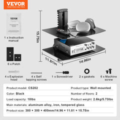 2 Tiers Wall Mounted AV Media Stand Adjustable Floating Projector Shelf, Design 2-Tier AV Media Stand Corner Shelf for Record Player Stereo Cabinet Audio Rack Tower with Height Adjustable Shelves, Living Room Storage, Corner Entertainment Center, Black