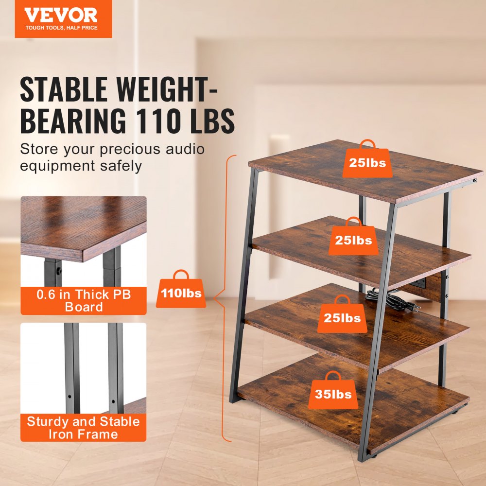 4-Tier AV Media Stand with Power Strips, Corner TV Stand with LED Lights, Height Adjustable Wooden Shelves for DVD Players/Cable Boxes/Games Consoles, Brown