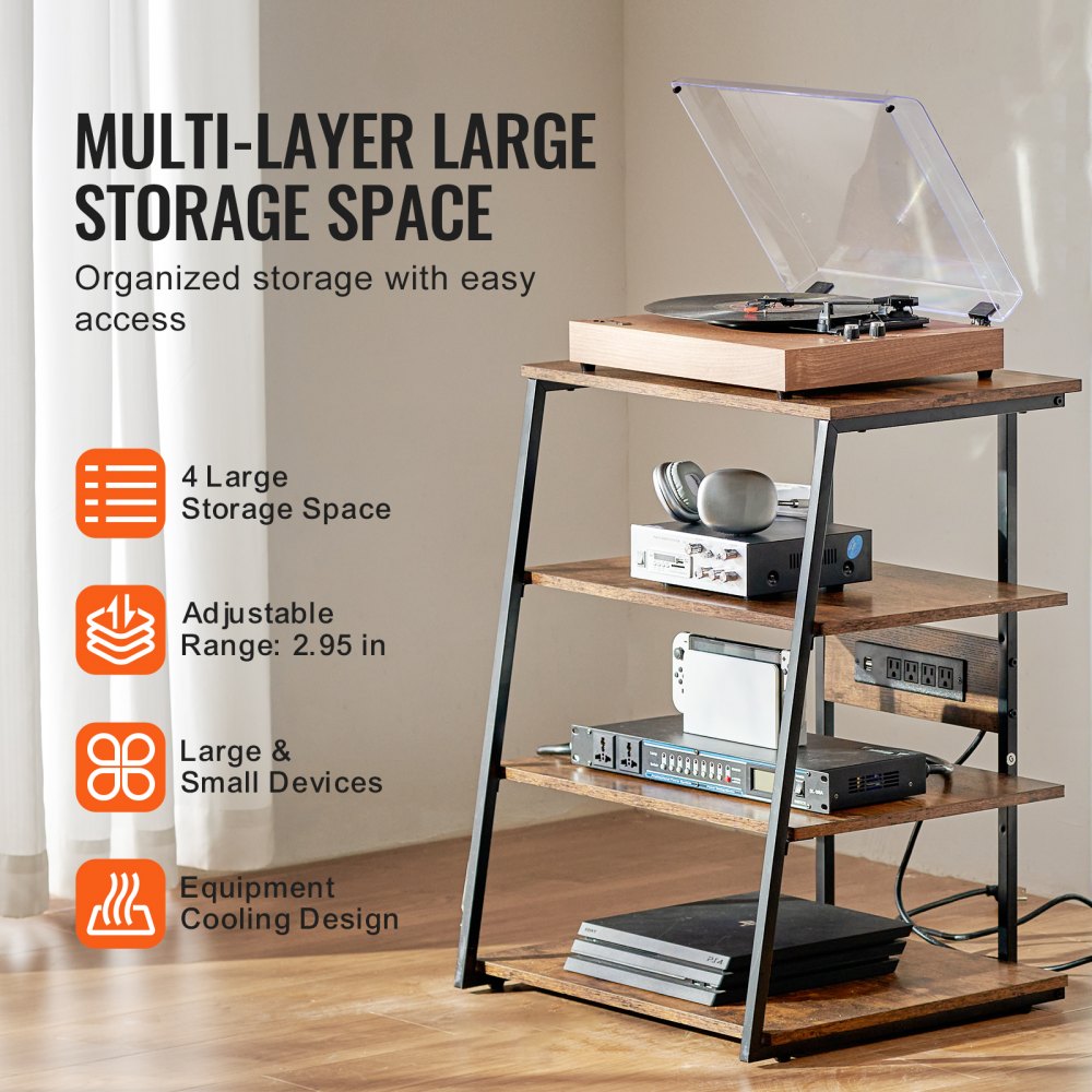 4-Tier AV Media Stand with Power Strips, Corner TV Stand with LED Lights, Height Adjustable Wooden Shelves for DVD Players/Cable Boxes/Games Consoles, Brown