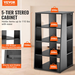 5-Tier AV Media Stand, Wooden Audio-Video Media Stand for DVD Players/Cable Boxes/Games Consoles, Height-Adjustable Media Storage Cabinet for Gaming, Recording Room, Black