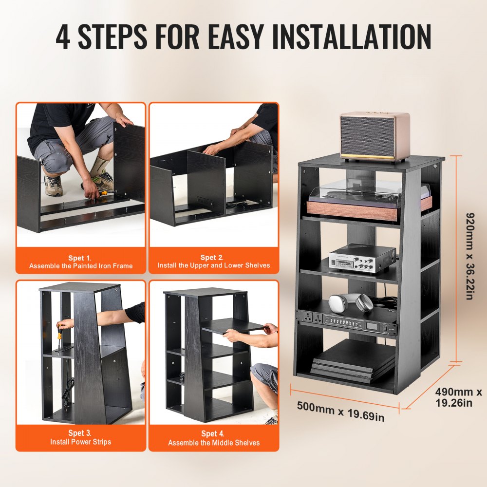 5-Tier AV Media Stand, Wooden Audio-Video Media Stand for DVD Players/Cable Boxes/Games Consoles, Height-Adjustable Media Storage Cabinet for Gaming, Recording Room, Black