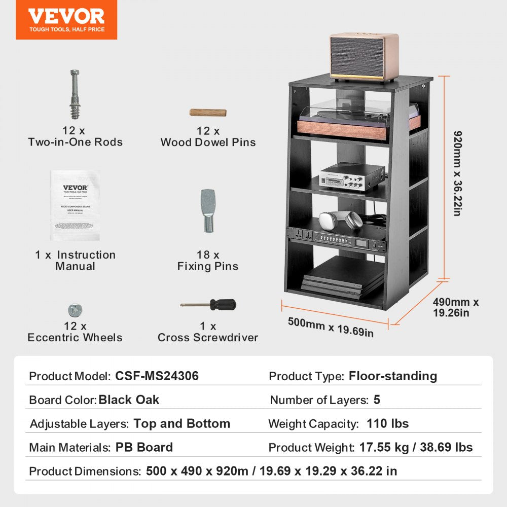 5-Tier AV Media Stand, Wooden Audio-Video Media Stand for DVD Players/Cable Boxes/Games Consoles, Height-Adjustable Media Storage Cabinet for Gaming, Recording Room, Black