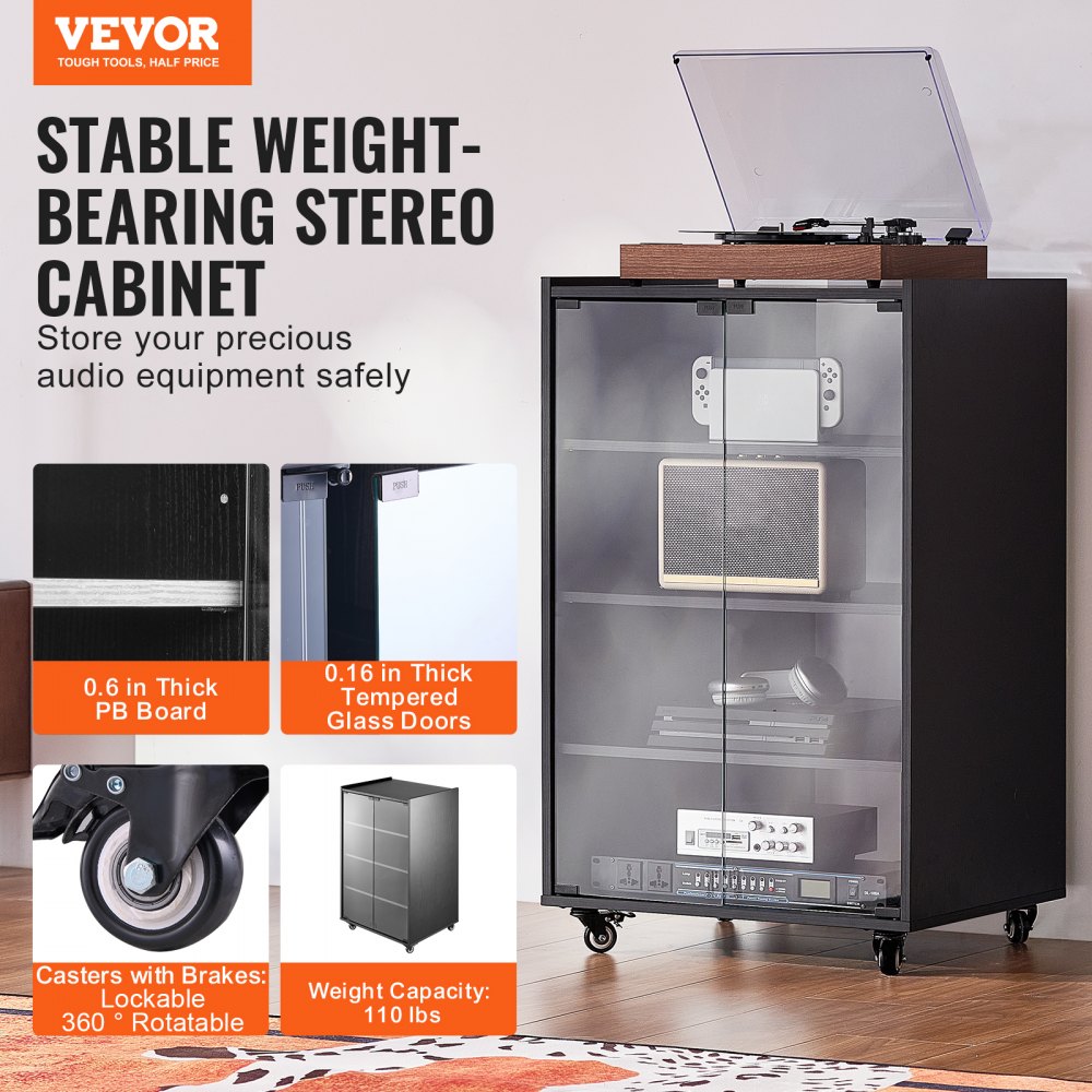 5-Tier AV Media Stand with Wheels, Wooden Audio-Video Media Stand for DVD Players/Cable Boxes/Games Consoles, Height-Adjustable Media Storage Cabinet for Gaming, Recording Room, Black