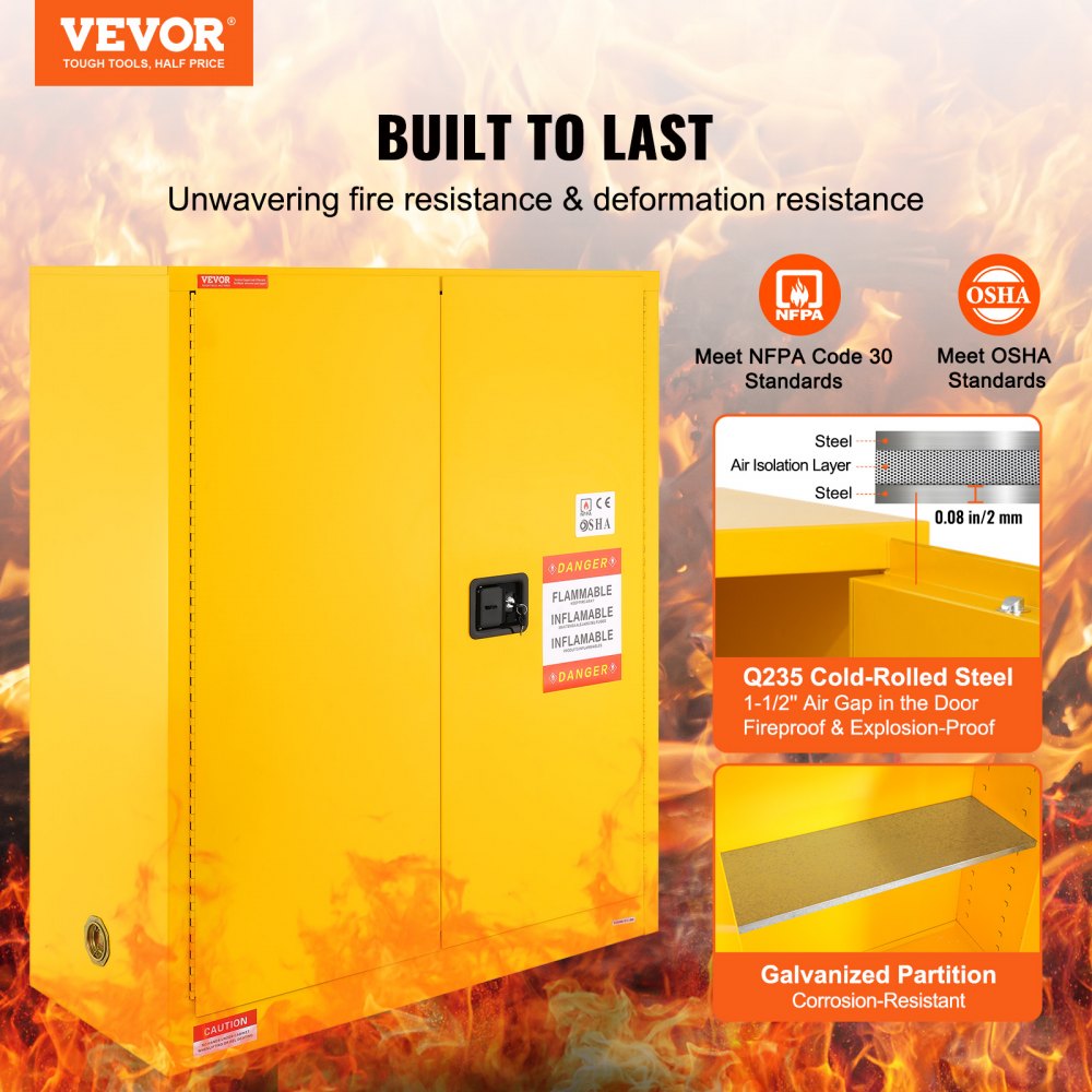 Yellow 30-gallon flammable storage cabinet made of steel, measuring 43x18x50 inches, with double doors and adjustable shelves.