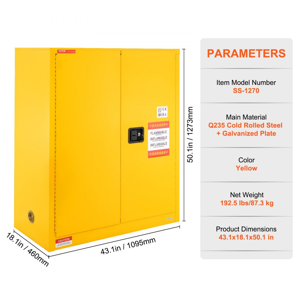 Yellow 30-gallon flammable storage cabinet made of steel, measuring 43x18x50 inches with double doors.
