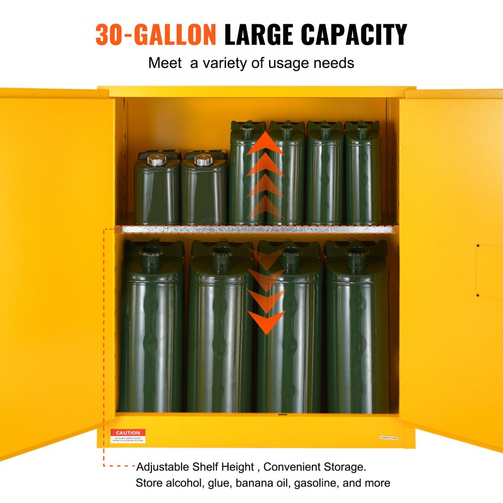 Yellow 30-gallon steel flammable storage cabinet with open doors, adjustable shelves, and stored green cans.