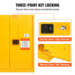 Yellow steel flammable storage cabinet with three-point key locking, 180-degree doors, and safety labels.