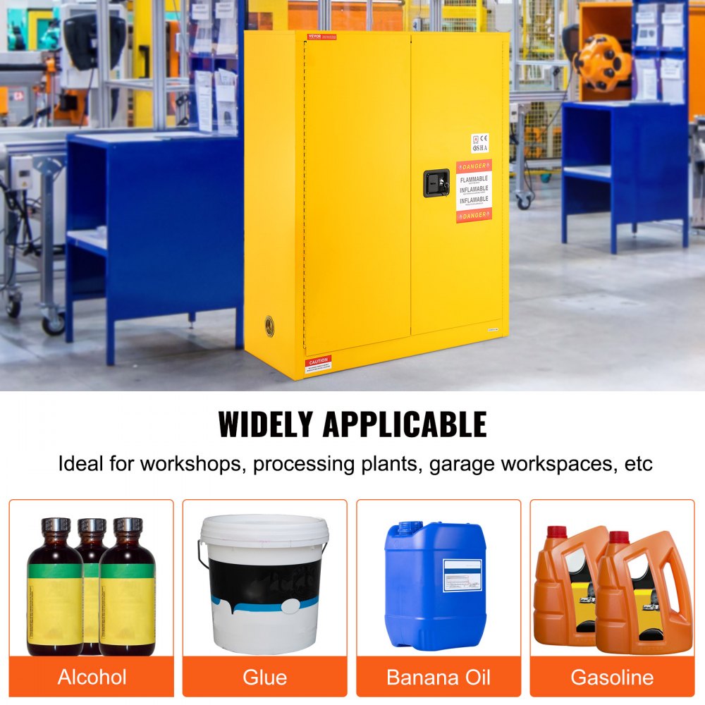 Yellow steel flammable storage cabinet, 30 gallons, 43x18x50 inches, with shelves and doors.