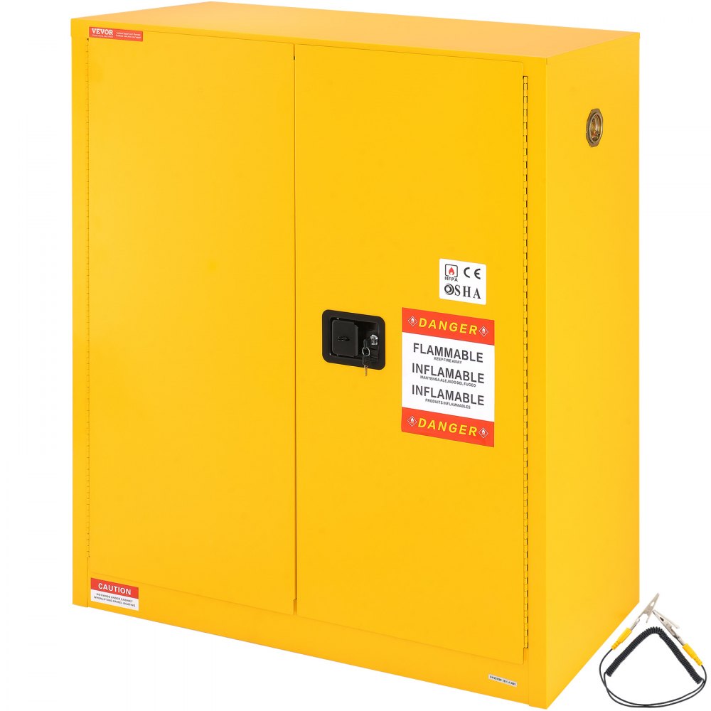 Yellow steel flammable storage cabinet, 30-gallon capacity, with double doors and safety labels.