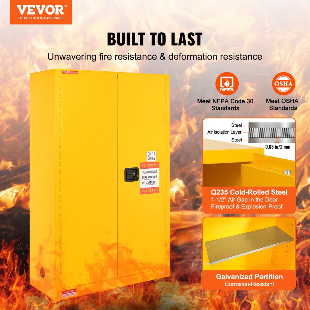 Yellow steel flammable safety cabinet with two adjustable shelves and a three-point locking system.