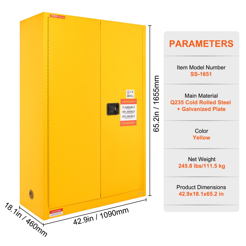 Yellow steel flammable safety cabinet with two adjustable shelves and a three-point locking system.