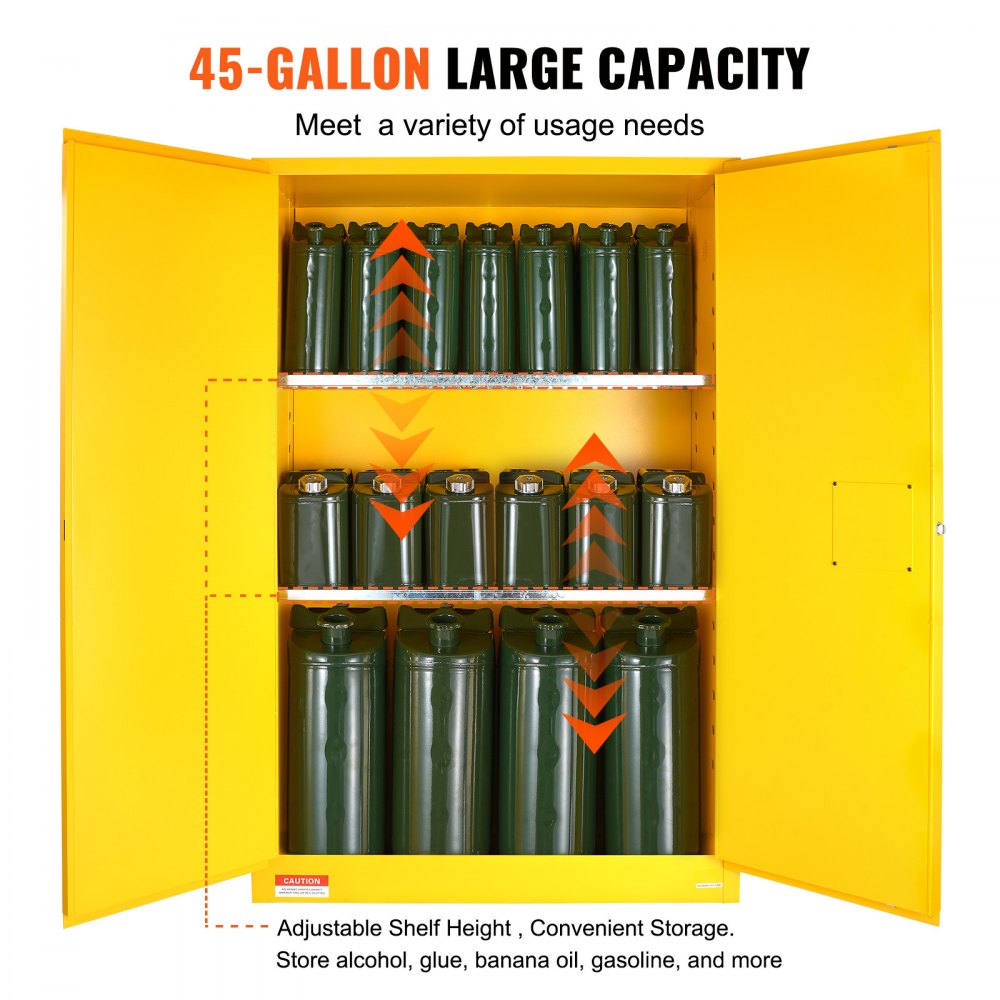 Yellow steel flammable safety cabinet with two adjustable shelves and a three-point locking system.