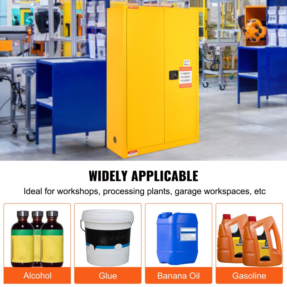 Yellow steel flammable safety cabinet with two adjustable shelves and 180-degree opening doors.